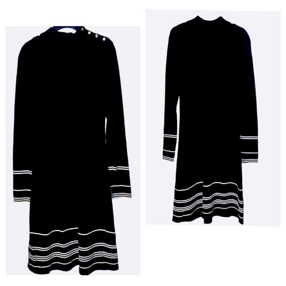 Ann Taylor Dresses & Skirts - Ann Taylor Navy Black and White, Mock Neck Sweater Dress Size M, long-sleeves